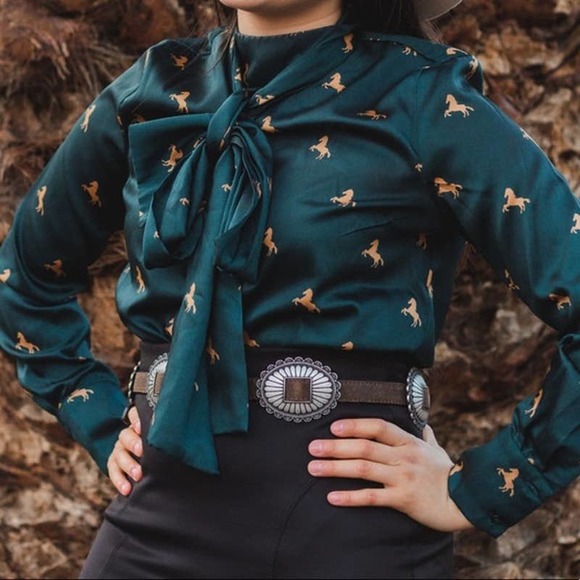 Forever 21 Tops - Forever 21 Emerald Green Gold Horse Blouse